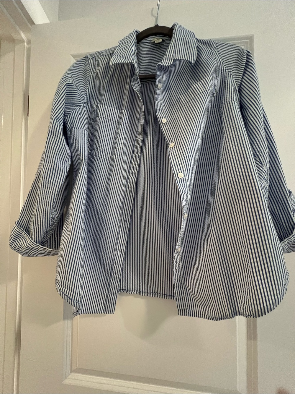 LL Bean Women’s Blue and White Striped Button-Up Shirt
